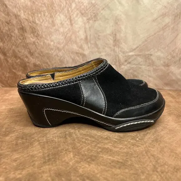 White Mountain Wedge Heel Suede Leather Clog Mules Black Slip On Gothic Peasant - Picture 10 of 10